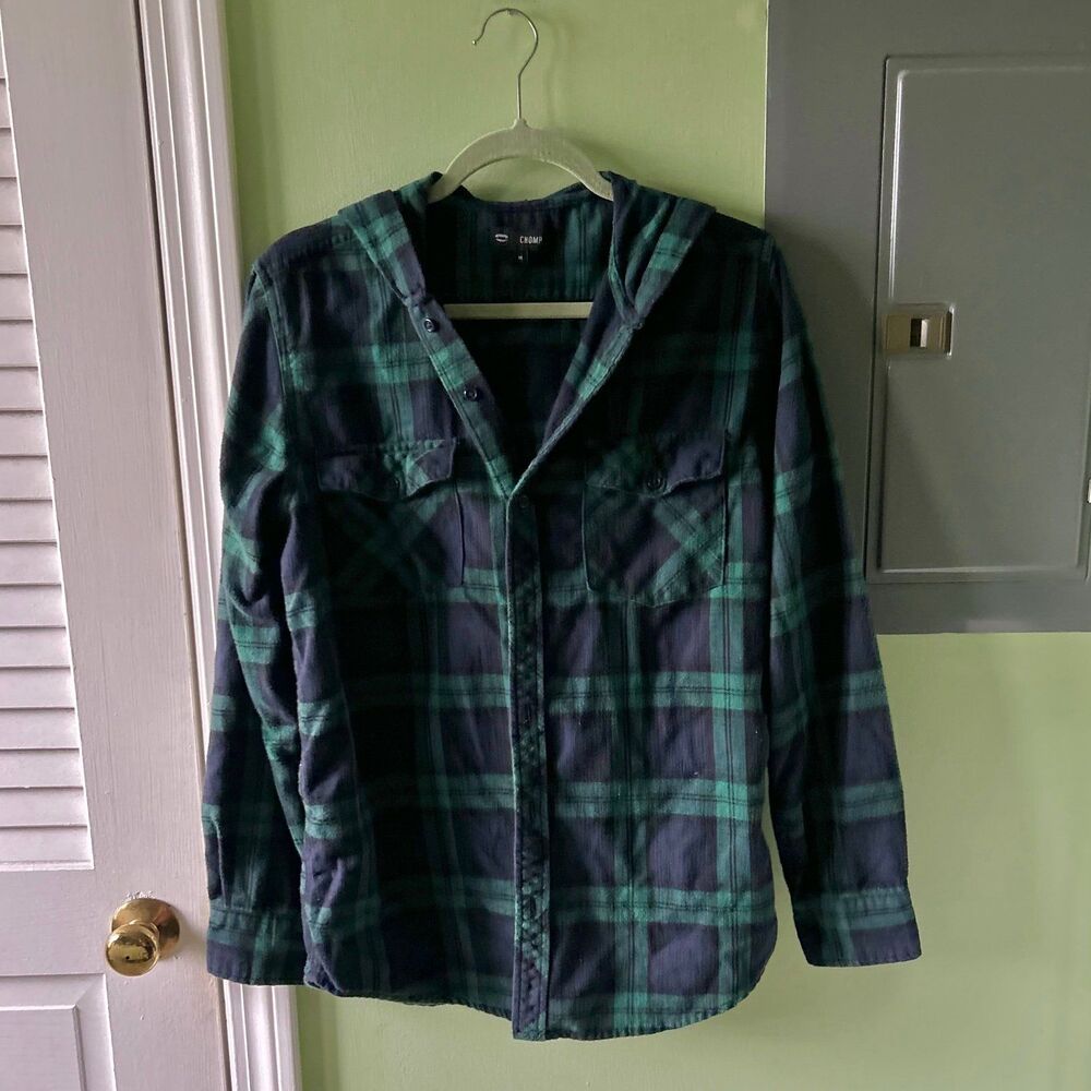 Men's Plaid Green + Navy Hooded Button Down Long Sleeve Flannel Shirt - Picture 1 of 6